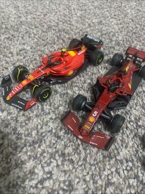 Ferrari Red Die-Cast Formula Racing Cars with Yellow Accents